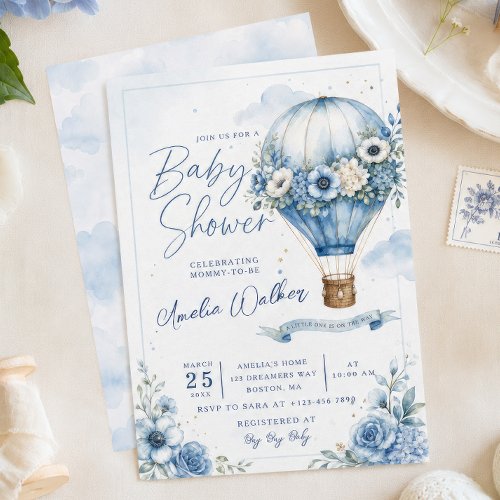 Blue Hot Air Balloon Baby Shower Invitation