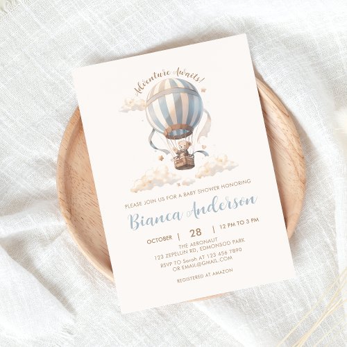 Blue Hot Air Balloon Baby Shower Invitation 