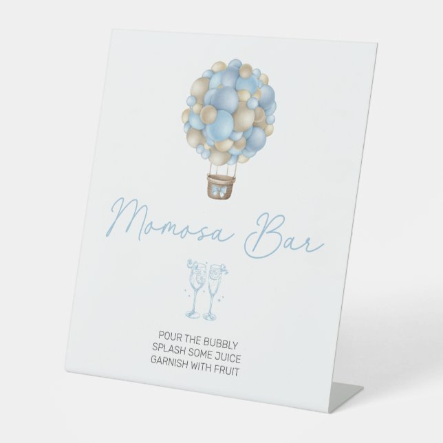 Blue Hot Air Balloon Baby Shower Momosa Bar Pedestal Sign (Front)