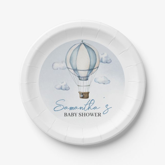 Blue Hot Air Balloon Baby Shower Paper Plate (Front)