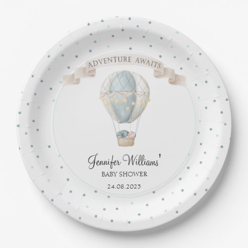 Blue hot air balloon baby shower paper plates