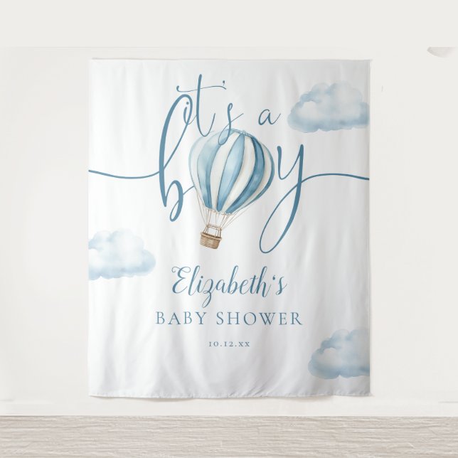 Blue Hot Air Balloon Baby Shower Photo Backdrop (Front)