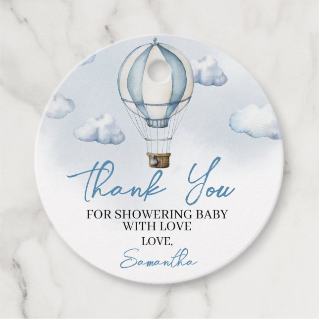 Blue Hot Air Balloon Baby Shower Round Favor Tags (Front)