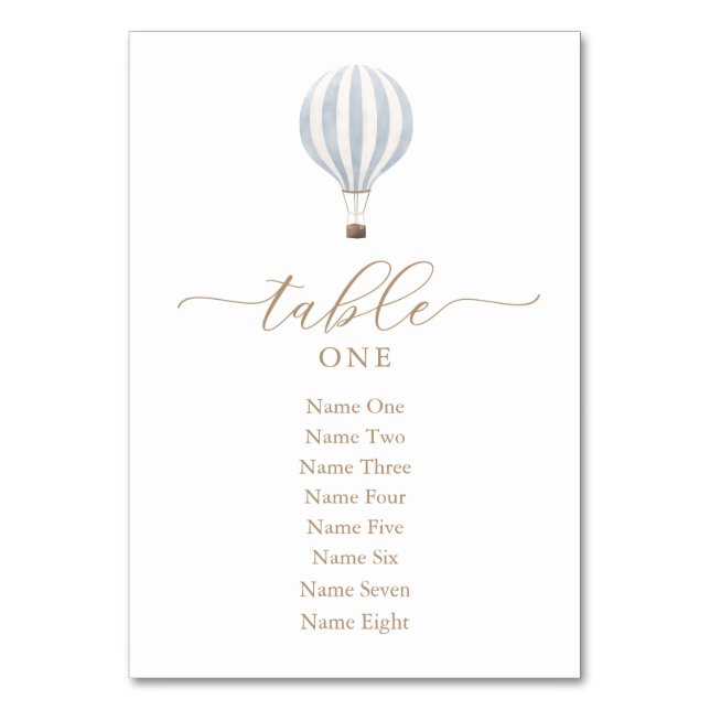 Blue Hot Air Balloon Baby Shower Table Number (Front)