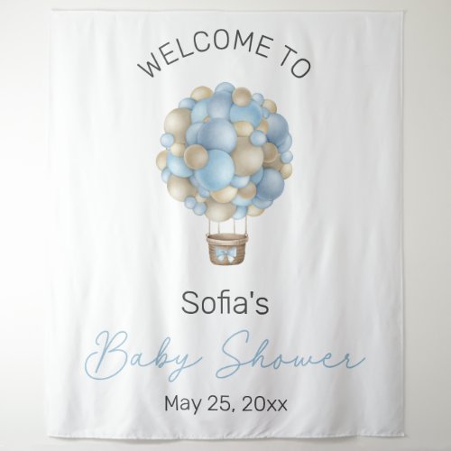 Blue Hot Air Balloon Baby Shower Tapestry