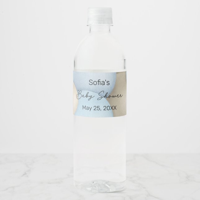 Blue Hot Air Balloon Baby Shower Water Bottle Label (Front)