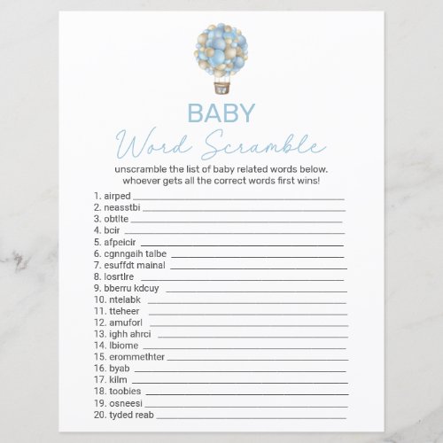 Blue Hot Air Balloon Baby Shower Word Scramble