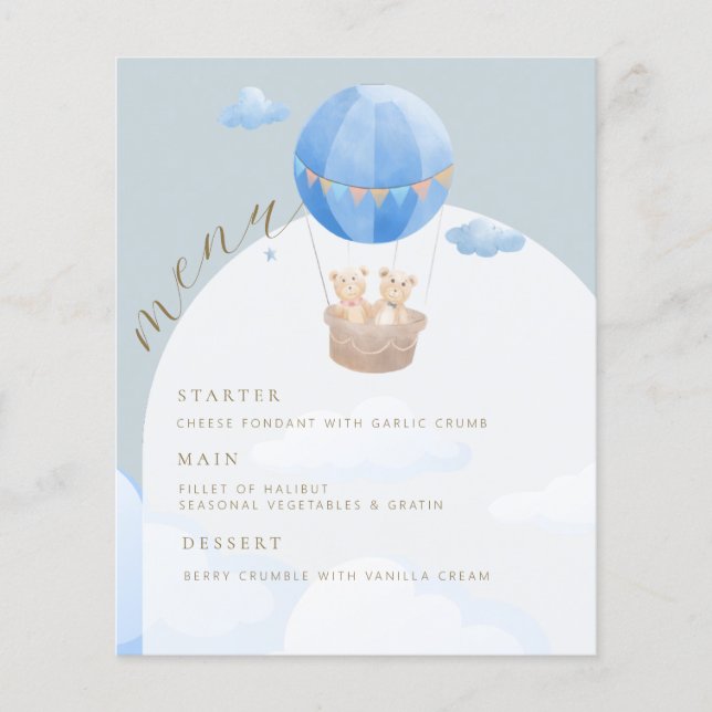 Blue Hot Air Balloon Bear Arch Baby Shower Menu (Front)