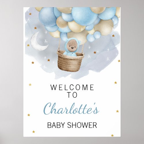 Blue Hot Air Balloon Bear Baby Shower Welcome Sign
