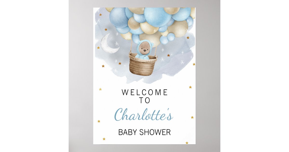 Blue Hot Air Balloon Bear Baby Shower Welcome Sign | Zazzle