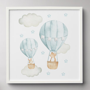 Blue Hot Air Balloon, Bear, Bunny, Boy Nursery Peel And Stick Photo Tile