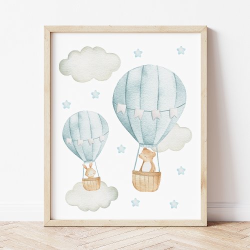Blue Hot Air Balloon Bear Bunny Boy Nursery Poster