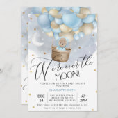 Blue Hot Air Balloon Bear Over Moon Baby Shower  Invitation (Front/Back)