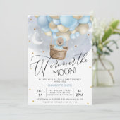 Blue Hot Air Balloon Bear Over Moon Baby Shower  Invitation (Standing Front)