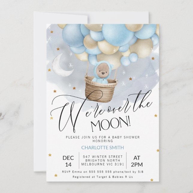 Blue Hot Air Balloon Bear Over Moon Baby Shower  Invitation (Front)