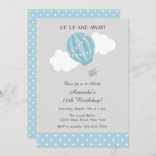 Blue Hot Air Balloon Birthday Invitation