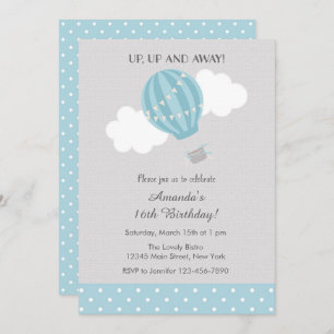 Blue Hot Air Balloon Birthday Invitation