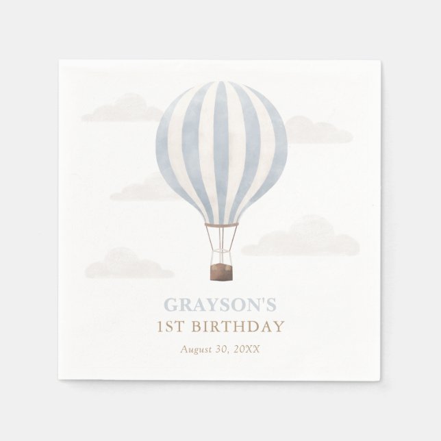 Blue Hot Air Balloon Birthday Napkins (Front)