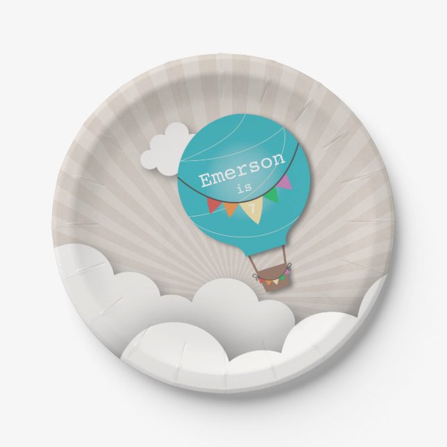 Blue Hot Air Balloon Birthday Paper Plates (Front)