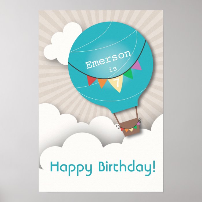 Blue Hot Air Balloon Birthday Poster