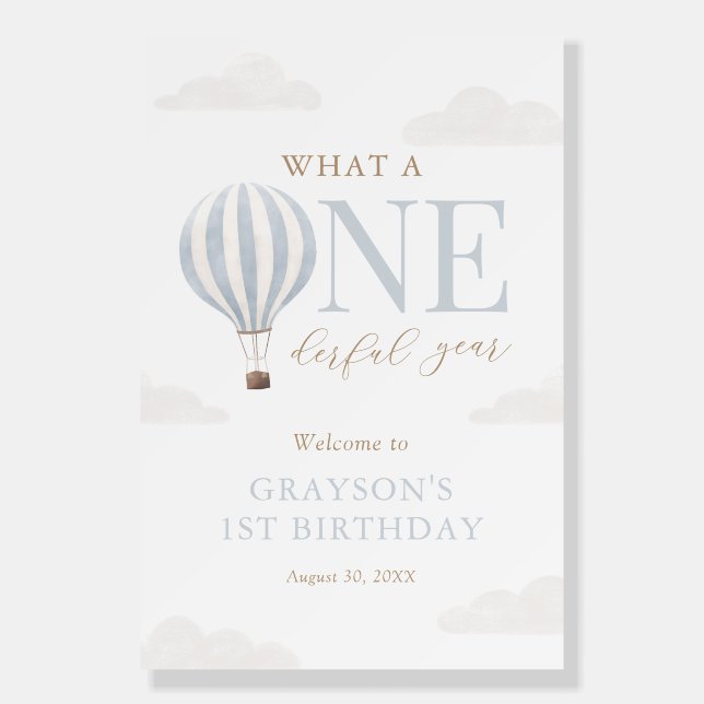 Blue Hot Air Balloon Birthday Welcome Sign (Front)