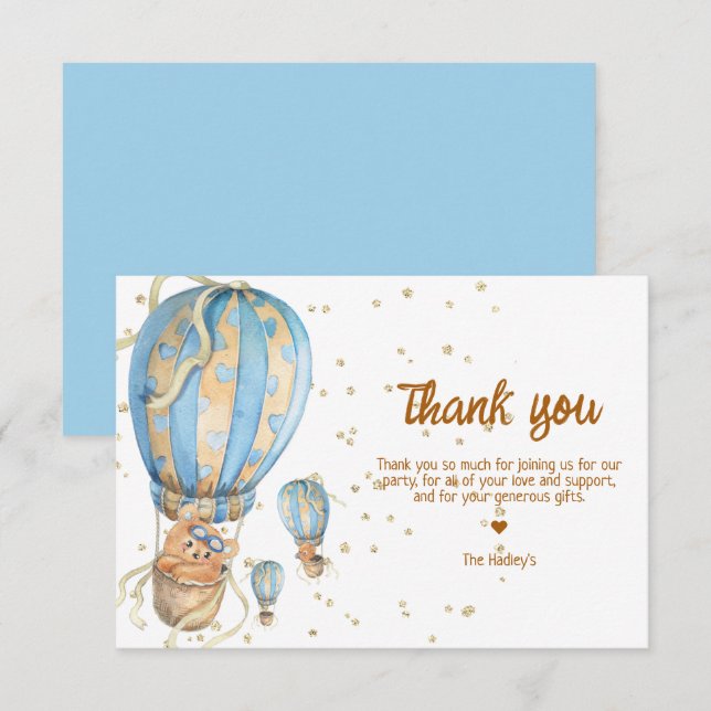 Blue Hot Air Balloon Boho Thank You Card (Front/Back)
