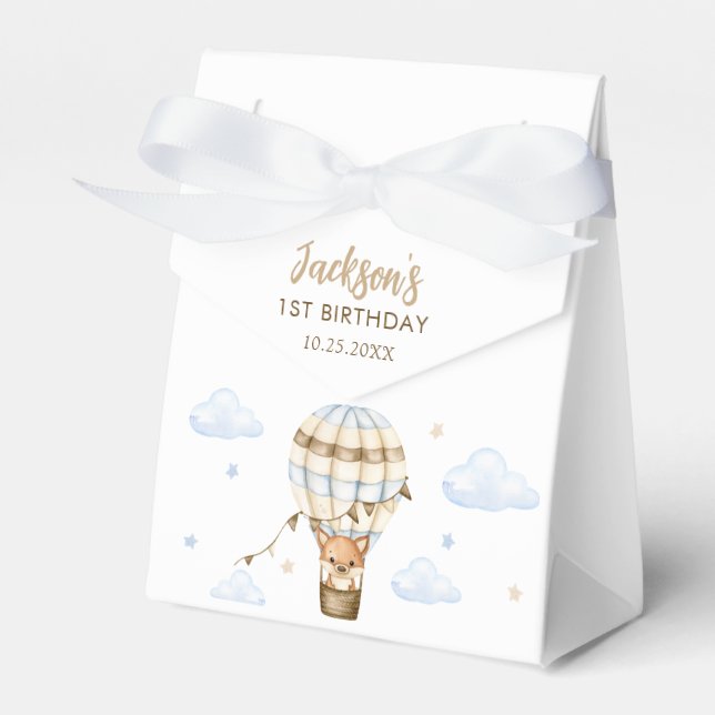 Blue Hot Air Balloon Boy 1st Birthday Favor Boxes (Front Side)