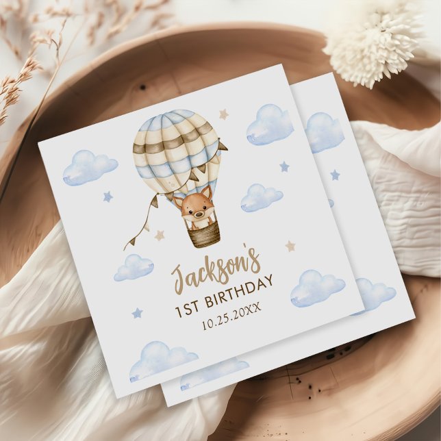 Blue Hot Air Balloon Boy 1st Birthday Napkins (Creator Uploaded)