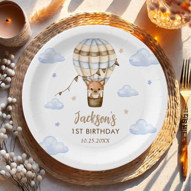 Blue Hot Air Balloon Boy 1st Birthday Paper Plates (Creator Uploaded)