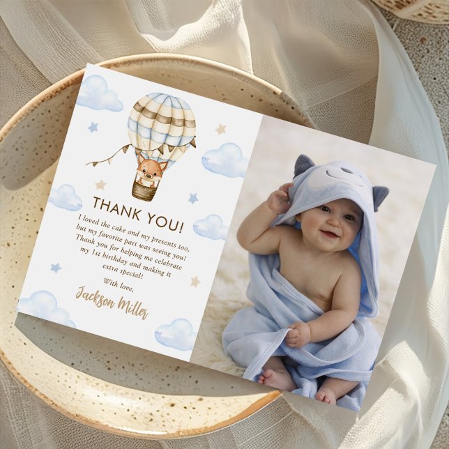 Blue Hot Air Balloon Boy 1st Birthday Photo Thank You Card (Creator Uploaded)