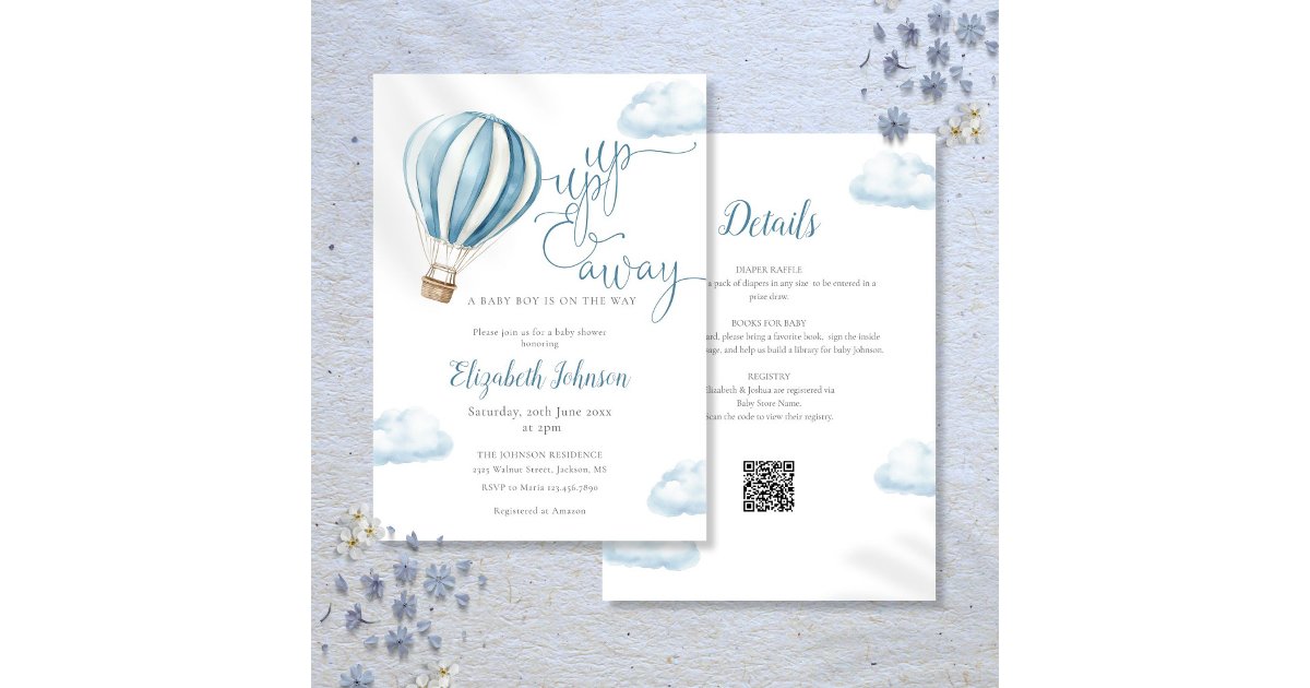 Blue Hot Air Balloon Boy All In One Baby Shower Invitation | Zazzle