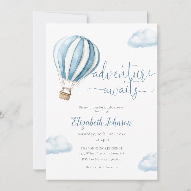 Blue Hot Air Balloon Boy All In One Baby Shower Invitation (Front)
