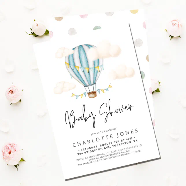 Blue Hot Air Balloon Boy Baby Shower Invitation | Zazzle