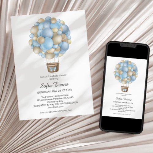 Blue Hot Air Balloon Boy Baby Shower Invitation