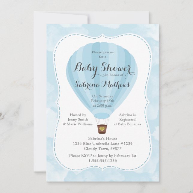Blue Hot Air Balloon Boy Baby Shower Invitation (Front)