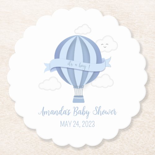 Blue Hot Air Balloon Boy Baby Shower Paper Coaster