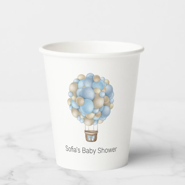 Blue Hot Air Balloon Boy Baby Shower Paper Cups (Front)