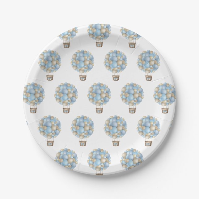 Blue Hot Air Balloon Boy Baby Shower Paper Plates (Front)
