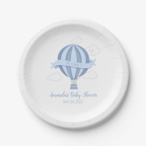 Blue Hot Air Balloon Boy Baby Shower Paper Plates