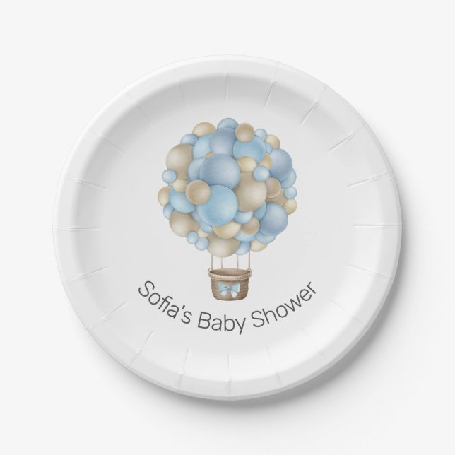 Blue Hot Air Balloon Boy Baby Shower Paper Plates (Front)