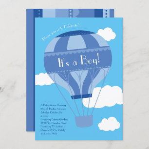 Blue Hot Air Balloon Boy Baby Shower Vintage Invitation