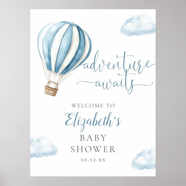 Blue Hot Air Balloon Boy Baby Shower Welcome Sign (Front)
