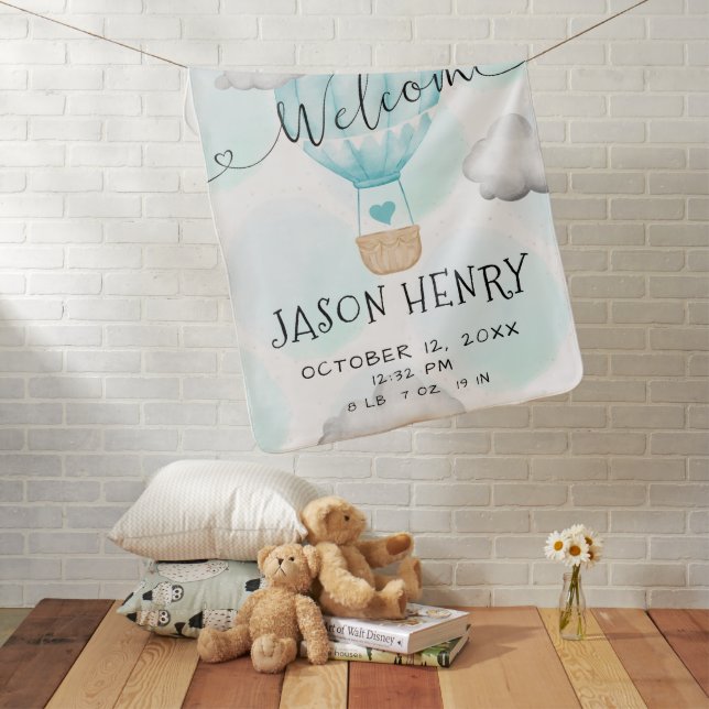Blue Hot Air Balloon Boy Birth Stats Baby Blanket (In Situ)
