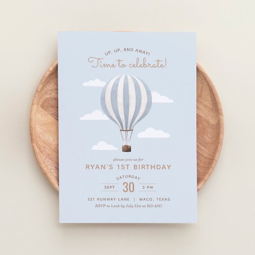 Blue Hot Air Balloon Boy Birthday Party Invitation