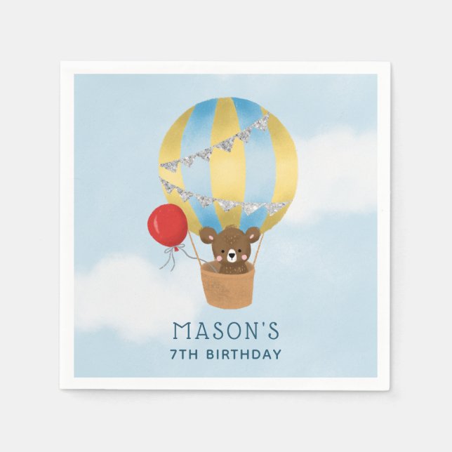 Blue Hot Air Balloon Boy Birthday Party Napkins (Front)