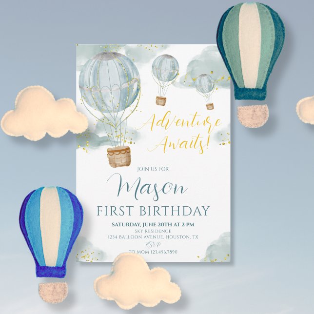Blue Hot Air Balloon Boy First Birthday Invitation (Creator Uploaded)