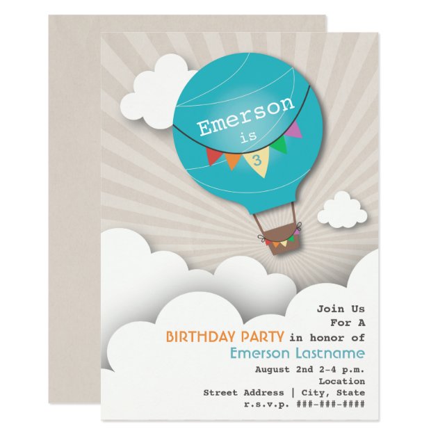 Blue Hot Air Balloon & Clouds Kids' Birthday Invitation