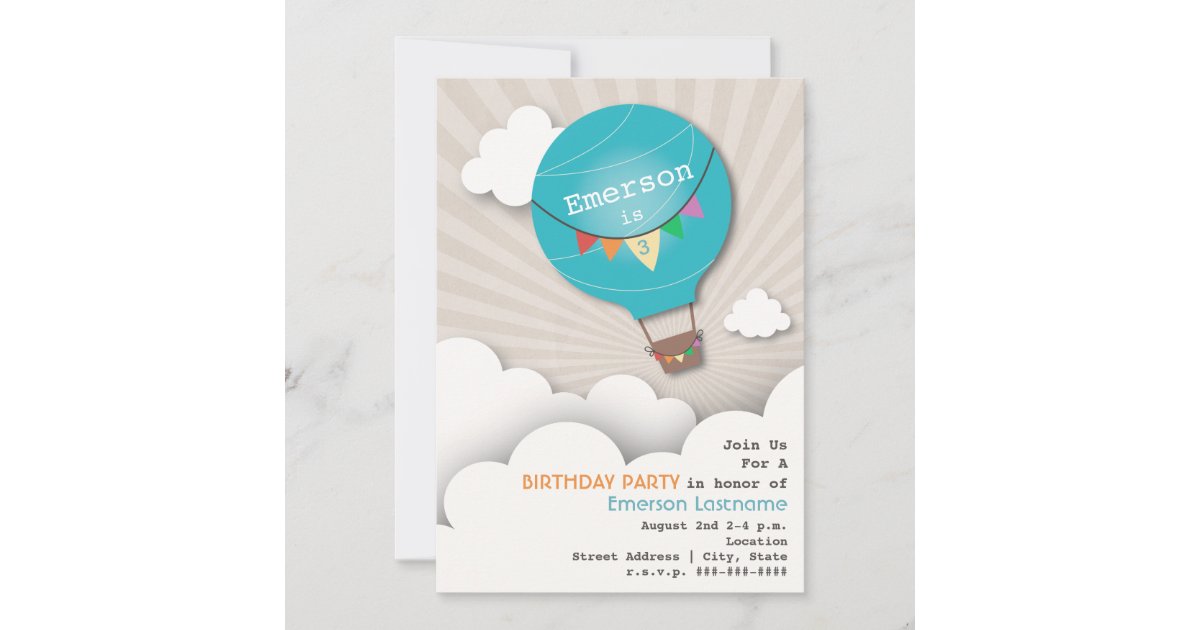 Blue Hot Air Balloon & Clouds Kids' Birthday Invitation | Zazzle