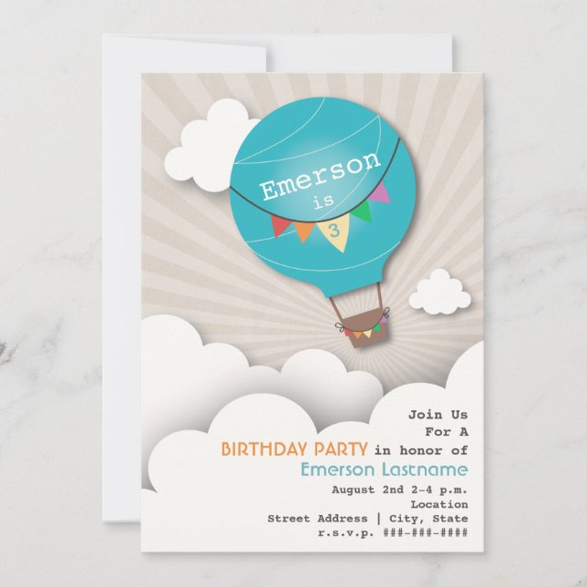 Blue Hot Air Balloon & Clouds Kids' Birthday Invitation (Front)