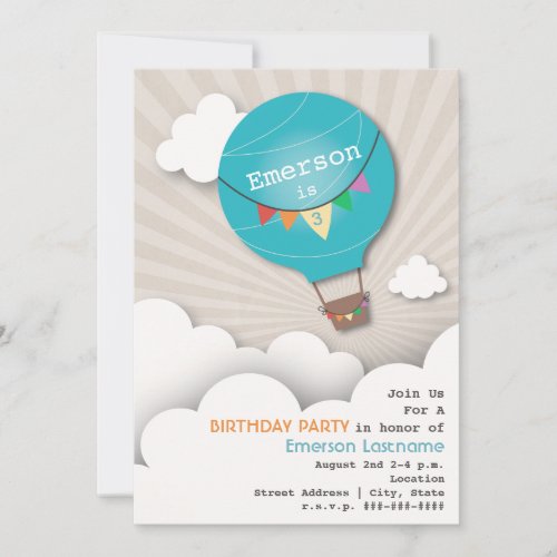 Blue Hot Air Balloon  Clouds Kids Birthday Invitation